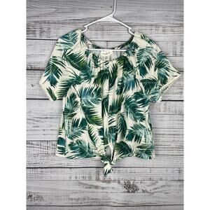 Skyes the Limit Petite Small Cream Green Palm Leaf Short Sleeve Top Resort Beach